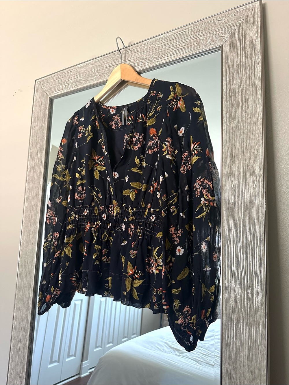Anthropologie Navy Floral Long Sleeve Blouse Size Medium